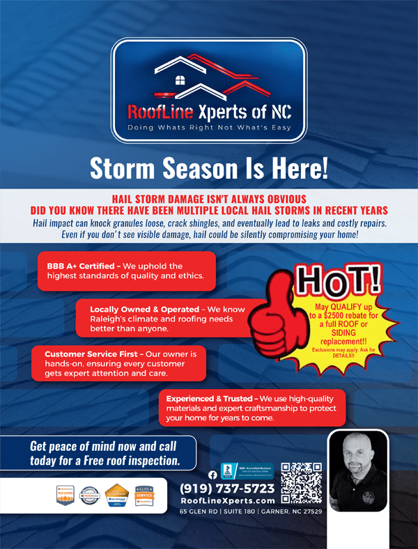 We'd be proud to replace your old leaking roof with a new durable asphalt shingle room from Roofline Xperts in Raleigh NC image shows banner for $2500 rebate on siding or roofing